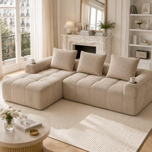 Yihomfy 253cm Canapé d'angle Modulable en Velours Côtelé, Assise Profonde avec Mousse Haute Résilience, Canapé Convertible avec Porte-Gobelets et Poches de Rangement, Mobilier Moderne pour Salon