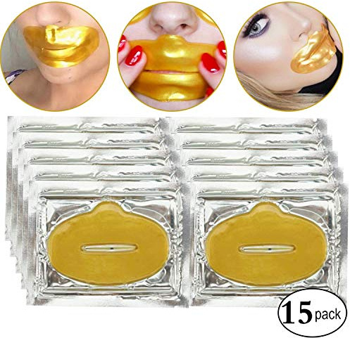 KlsyChry 24K Gold Bio Collagen Crystal Lip Mask Gel Pads for Remove Lines, Moisturizing, Anti-Wrinkle, Anti-Aging, Nourishing & Hydrating Lip Mask Sheet Patches (15Pcs/Set)