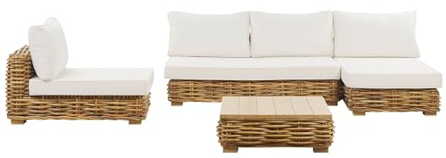 Salon de Jardin Canapé d'angle 3 Places Fauteuil en Rotin Marron avec Coussins Blancs Confortables et Table Basse Assortie pour Terrasse