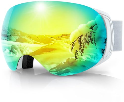 Findway Masque de Ski Magnetique, Lunettes de Ski Femme Homme OTG pour Snowboard et Ski Anti-buée, Anti-UV 400,Or Interchangeables Lentille Sphérique