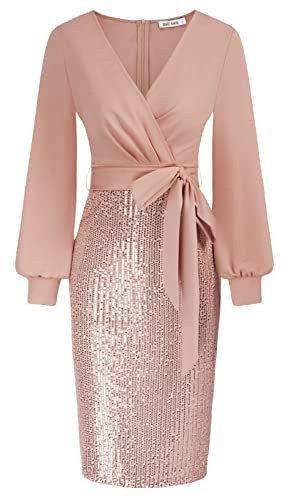 GRACE KARIN Women's Winter Long Sleeve Plus Size Bodycon Party Dress V-Neck Belted Sequin Cocktail Dresses Light Pink XL