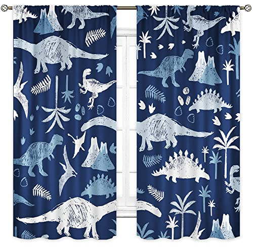 Cinbloo Cartoon Kids Blue Grey Dinosaur Curtains 42Wx63H Inch Rod Pocket Boys Cute Dino Safari Wildlife Child Funny Animal Palm Tree Printed Living Room Bedroom Window Drapes Treatment Fabric 2 Panel