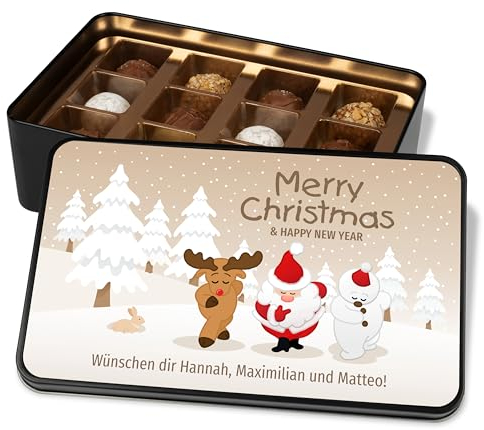 Pralinendose personalisiert „Merry Christmas & Happy New Year“ mit Winterlandschaft-Motiv - 12 Confiserie-Pralinen in Metalldose – Schokolade Geschenk zu Weihnachten (Braun)
