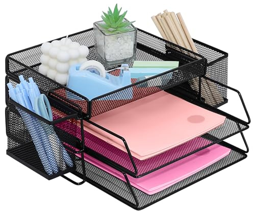 ideallife Letter Trays Stackable with Top Stationery Holder, 2-Tier Metal Desk Organizer Tray with 2 Pen Holder, Paper Filing Tray for Office Supplies - Black