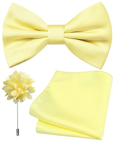 Branduce Light Yellow Bow Tie for Men Wedding Solid Satin Silk Bowties Pocket Square and Lapel Pin Brooch Set (BB07-11)
