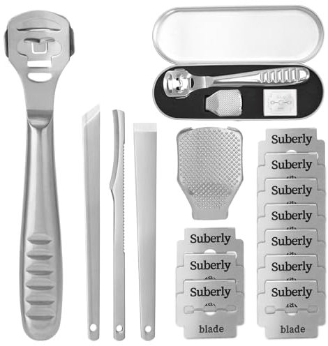 Hornhautentferner Fußschaber,Edelstahl Hornhauthobel mit 10 Ersatzklingen Silber und 3 Fußfeile Schaber,Hornhaut Entfernen Fuß Hornhautraspel,Pediküre Set Fußpflege für Nasse&Trockene Füße