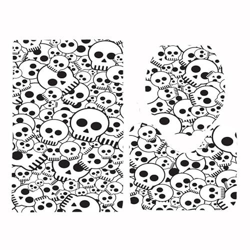 Badezimmerteppich Schwarz Weiß Schädel WC Vorleger mit Ausschnitt WC Deckelbezug 3 Teiliges WC Teppich rutschfeste Badgarnitur U förmiger Badematte Waschbar Bad Teppiche Set 50x80 cm