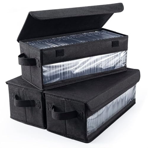 LZEXIN CD Storage Boxes - Pack of 3 CD Case Storage with Visible Window, Foldable & Stackable CD Fabric Cases Holder with Lid and Handles, Fastening Tape(Black-14.2x6.3x5.5)