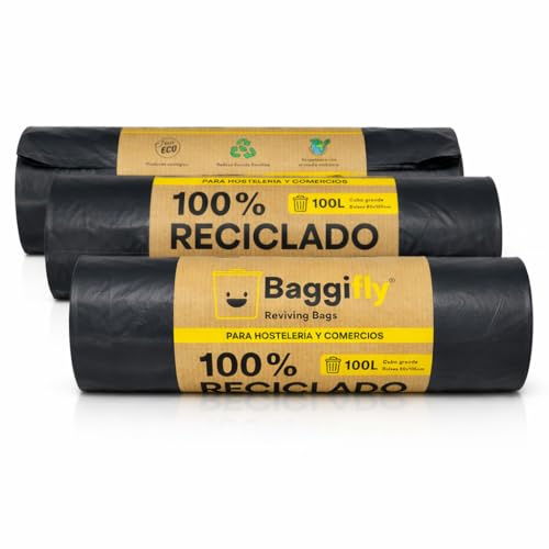 Baggifly, Bolsas de Basura 100L, 30 Bolsas Súper Resistentes, 100% Recicladas, ECO Friendly, Hostelería, Comercios y Jardinería, Pack 3 x 10, Fabricado en España