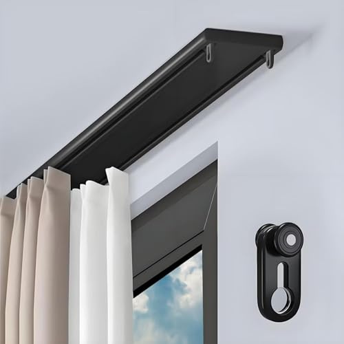 Aluminum Double Curtain Track Ceiling Mounted Curtain Rails Silent Slider Track System for Bedroom Kitchen Room Divider(Black,310cm(10.2ft))