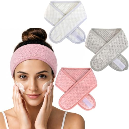 Yeheap 3 Pièces Bandeau Maquillage, Réglable Headband avec Magic Tape | Doux et Confortable, Lavable Bandeau Cheveux, Femme Cheveux de Spa Set pour Bain, Maquillage, Yoga (Rose, Gris Clair, Blanc)