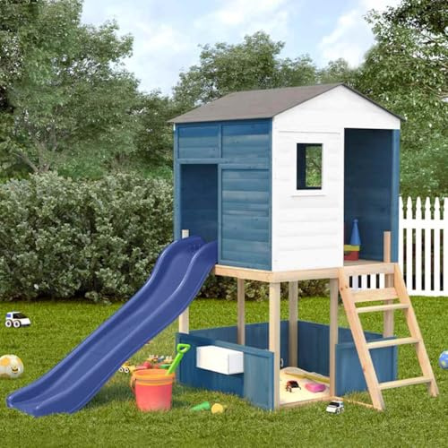 mzdioop Torre de juegos de madera maciza de abeto blanco y azul con tobogán ondulado 169 x 38,5 cm, estructura de escalada para jardín y terraza, parque infantil al aire libre para niños de 3 a 12