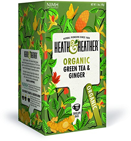 Heath & Heather - Organic Green Tea with Ginger • Invigorating Herbal Fusion with a Zingy Kick • Antioxidant-Rich • Vegan • Multipack 6 x 20 Boxes (120 Tea Bags)