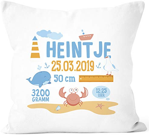 SpecialMe® personalisierbares Kissen zur Geburt, Geburtskissen maritim See Krabbe Wal, Namenskissen Geschenk Geburt Baby, Kissen-Bezug ohne Füllung weiß Unisize