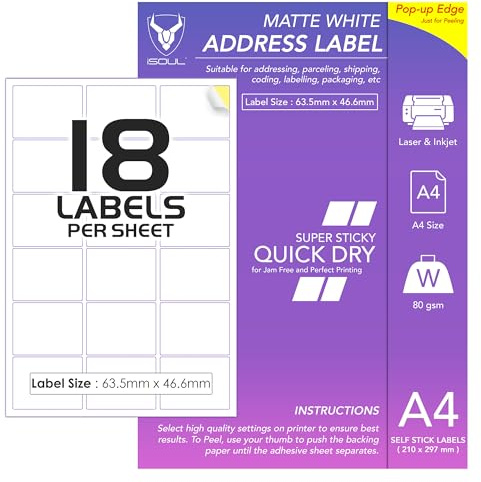 18 Labels Per A4 Sheet, 50 Sheets 900 Sticky Label, Printable Sticker Paper, iSOUL Matte Self Adhesive Adress Mailing, Shipping, Postage, Laser & Inkjet Printer Compatible [Quickdry]