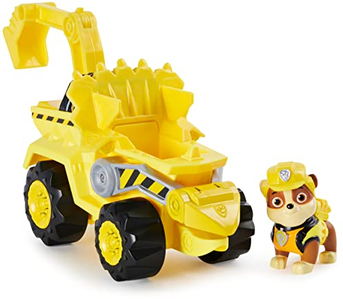 PAW PATROL Dino Rescue Rubbles Basis Fahrzeug mit Rückzieh-Mechanismus, inklusive Hundefigur und Überraschungs-Dino, Spielzeug für Kinder ab 3 Jahren