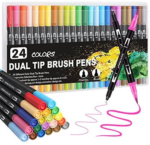 Gelanty Dual Tip Colouring Pens, 24 Colors Felt Tip Pens for Adults, Brush Pens for Colouring Books, Art Pens for Drawing, Writing, Sketching, Calligraphy