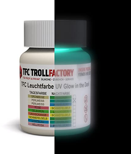 TFC Leuchtfarbe UV Glow In The Dark Tagesfarbe: RAL1013 perlweiß – Nachtfarbe: RAL5018 türkisblau 100 g