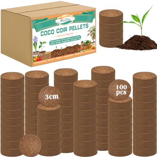 ZeeDix Lot de 100 terreaux en fibre de coco compressée pour plantation en intérieur ou en extérieur, bonsaï, herbes, plantes, fleurs et légumes 30 mm
