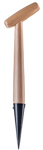 KADAX Einpflanzhilfe aus Metall, Pflanzlochstecher mit bequemem Griff aus Holz, Blumenzwiebelpflanzer, Zwiebelpflanzer, Pflanzschaufel, Pikierstab (L: 39 cm, T-Griff, Schwarz)