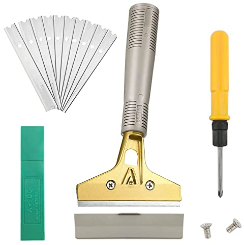 4 in Racloir à Lame Grattoir en Aluminium Polyvalent avec vis, Utilisé pour Enlever les Étiquettes, Les Autocollants et le Papier Peint sur le Bois, Les Fenêtres et le Verre(Avec 10 Lames en Métal)