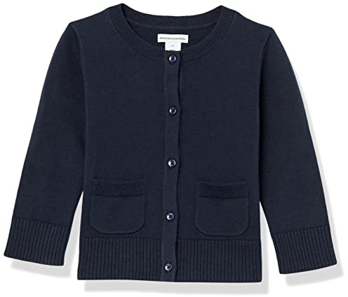 Amazon Essentials Girls' Uniform Slim Fit Crewneck Cardigan Sweater, Navy, Large
