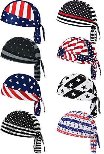 Foaincore 8 Pack Do Rag Skull Caps for Men Sweat Wicking Doo Rags Cooling Helmet Liner Cycling Motorcycle Bandana(Classic Color,American Flag Style)
