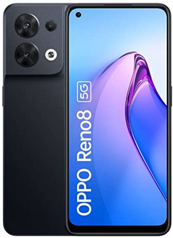 OPPO Reno8 5G - Telefono cellulare libero, 8 GB+256 GB, fotocamera 50+8+2+32 MP, smartphone Android, batteria 4500 mAh, ricarica rapida 80 W, Dual Nano SIM - Nero