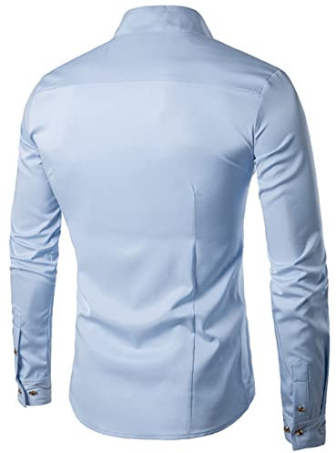 Modèle à manches longues pour homme - Couleur unie - Haut à boutons - Manches longues - Décontracté - Col montant - Boutons formels - T-shirt tendance, bleu clair, M