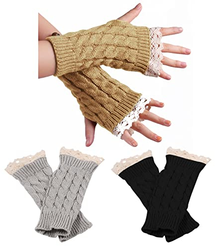 RoadLoo Handschuhe Armstulpen Damen, 3 Paar Damen Fingerlose Handschuhe Winter Halb Fingerhandschuhe Winterhandschuhe Wärmer Strick Fingerlose Fäustlinge Armstulpen Pulswärmer Handschuhe für Frauen