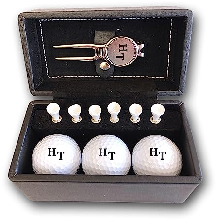 Golfball Set mit Gravur Initialen personalisiert 3 Wilson Golfbälle Pitchgabel und 6 Tees Geschenkbox schwarz Wunschtext Geschenk Golfer/in (Set mit 3 Wilson Duo Soft Bällen)
