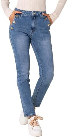Nina Carter P216 Vaqueros Mom para mujer de cintura alta, pantalones vaqueros con aspecto usado, jeans elásticos, S