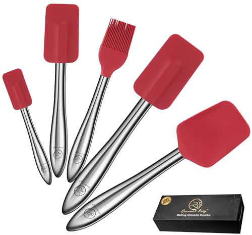Ensemble de 5 spatules pour cuisine avec manche en acier inoxydable Spatule en silicone résistante à la chaleur avec cuillère en silicone & pinceau de cuisine pour