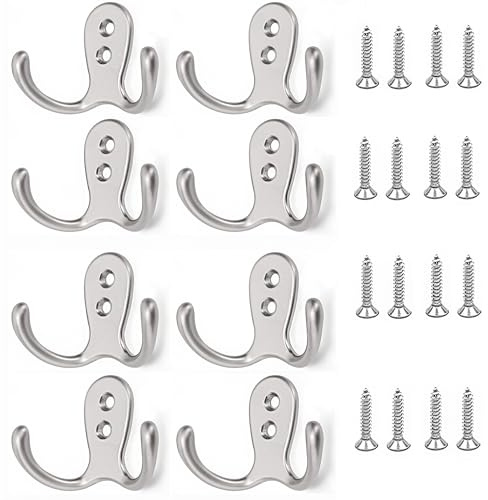yenlk 8 Pack Dual Coat Hooks, Double Prong Wall Mounted Hangers with Screws | Heavy Duty Chrome Silver for Hats, Scarves, Towels | Bedroom, Bathroom, Kitchen & Hallway