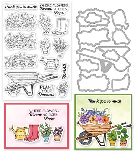 INFUNLY 2pcs Spring Flowers Stamp and Dies for Card Making Inspirational Word Clear Stamp Garden Die Cuts Potted Plant Rubber Stamps Spray Bottle Cutting Die for Scrapbooking Embossing Album DIY Craft
