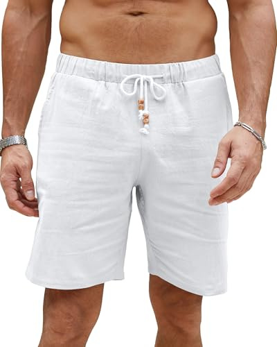 LVCBL Pantalones Cortos de Verano Ligeros de Lino para Hombre, Pantalones Casuales con Bolsillos