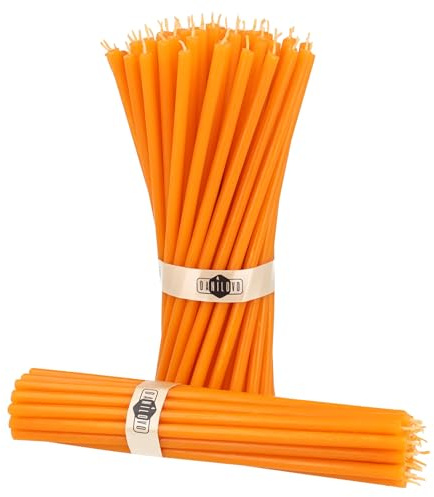 Danilovo Bougies en Cire d'Abeille Pure, Bougies Naturelles pour la Prière à l'Eglise, Rituales, la Méditation, Décoration pour le Gâteau d'Anniversaire, 18,5 cm de long, Lot de 50 (Orange)