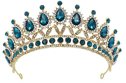 RDJOIMBX Queen Crown Baroque Vinatge Teal Pink Crystal Crowns Diadem Rhinestone Birthday Tiara Headband For Wedding Bridal Hair Accessories Snow Queen Crown(Gold Teal)