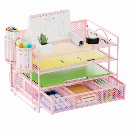 Marbrasse Schreibtisch Organizer Tablett,4 Ebenen Papier Briefablage Organizer mit Schublade und 2 Stifthalter,Netz-Schreibtisch-Organizer für Zuhause Bürobedarf(Rosa)