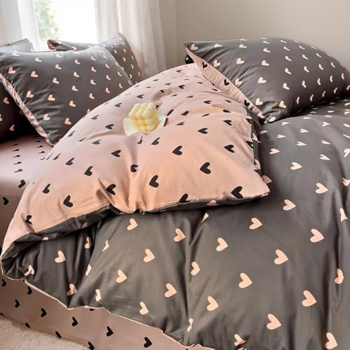 Michorinee Housse de Couette 200x200 Rose Noir Cœur Imprimée Adulte 2 Personnes Parure de Lit Réversible Microfibre Romantique Fille Linge de Lit avec Fermeture Éclair et 2 Taies d'oreiller 65x65 cm
