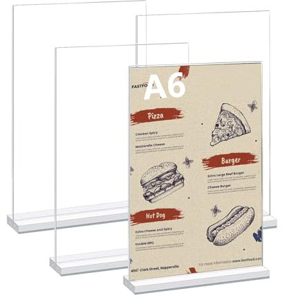 LiuHancsqd 4 Pcs A6 Acrylic Sign Holder A6 Display Stand, A6 Menu Holders, Clear Double Sided A6 Perspex Display Stands, A6 Poster Holder for Office Store Restaurant Reception Poster Menu Table Stand