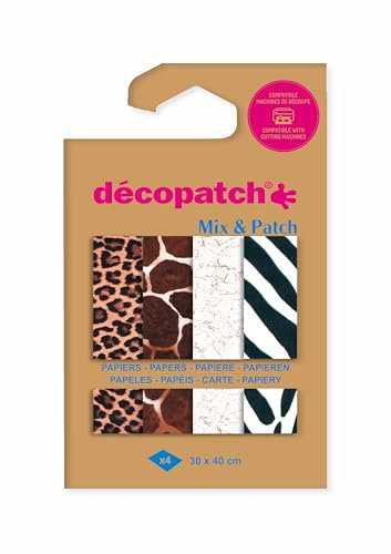 Décopatch DP044C - Packung Mix Patch, mit 4 Blatt Décopatch-Papier 30x40 cm, Tierfelle, gemischte Sortierung, geeignet ab 5 Jahren, 1 Pack
