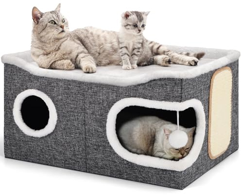 Cat Beds for Indoor Cats, Extra Wide Cat Cube House for Multi Cats, 2 Layer Foldable Cat Cave Hideaway with Scratch Board and Fluffy Ball, 61*35*42CM, Double-Side Soft Cushion for All Seasons