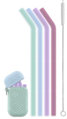 Ello Impact 4-Pack Reusable Silicone Straws with Fold & Store Carry Case, Portable Drinking Straw for Party Travel Cruise Ship, Includes Straw Cleaning Brush, Candy Coated