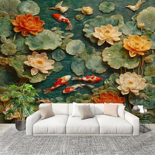 Loto En Relieve 3d Fotomurales 250x175 cm Papel Pintado Tejido No Tejido Fotomural Verde Efecto 3D Papel Tapiz Decorativos para Dormitorio Salón TV Pared Murales Póster