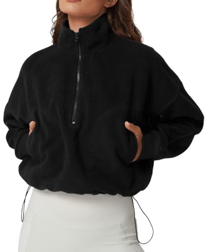 QINSEN Women's Half Zip Fleece Short Sweatshirt Warm Winter Long Sleeve Mock Neck Sherpa Pullover Top Black S