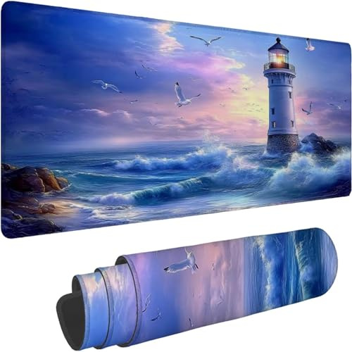 Mouse Mat 1400 x 700 x 3mm Large Mouse Mat Non Slip Rubber Base, Soft Textured Surface with Stitched Edges, Waterproof Desk Mat for PC, Laptop, Laser Mice for Office, Color Lighthouse Printing xn-106
