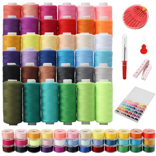 Kiswleon 76-Piece Sewing Thread with Needle Case,Tape Measure,Thread Cutter,Threader,36 Colors 400 Yards Polyester Sewing Machine Threads for Handmade and Machine-Stitched Travel DIY