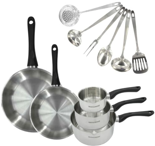 Fackelmann 9446650 Set 2 padelle 24 e 28 cm, 3 pentole in acciaio inox 18/8 e 6 utensili in acciaio inox, tutti i fuochi, induzione, senza PFAS, acciaio inossidabile 18/8, 12 16 20 24 28 cm
