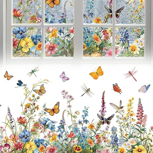 Fönsterklistermärken sommar vilda blommor fönster dekaler blomma äng vilda blommor fjäril anti-kollision dubbelsidig glasklistermärke glas dekoration lämplig för vardagsrum sovrum 50 x 30 cm